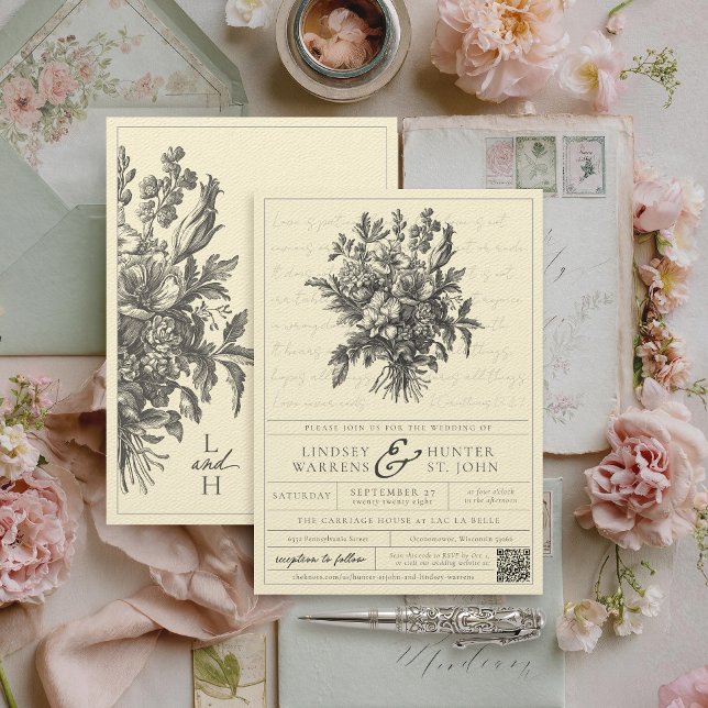Vintage Floral Butter Yellow QR Christian Wedding Invitation (Vintage elegant formal butter yellow and black floral bouquet scripture qr code wedding invitation)