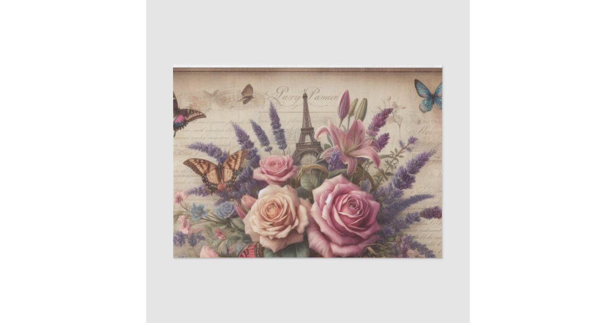 Vintage Floral Butterflies Eiffel tower decoupage Tissue Paper | Zazzle