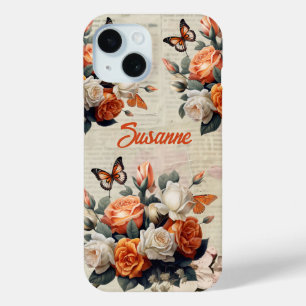 Vintage Floral Butterflies Personalized iPhone 15 Case