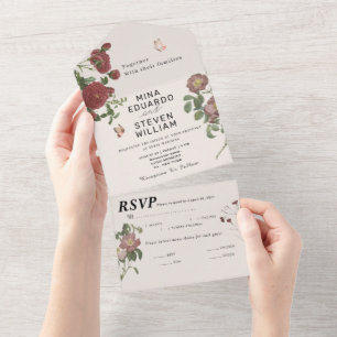Vintage floral butterflies wedding all in one invitation