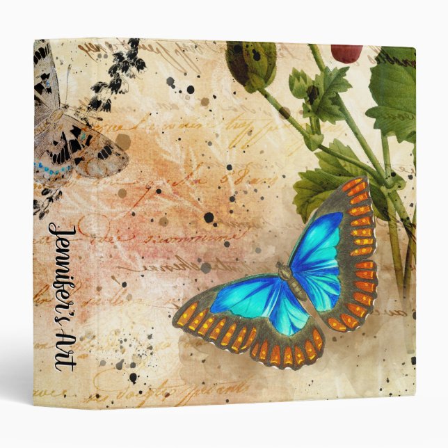 Vintage Floral Butterfly 3 Ring Binder (Front/Spine)