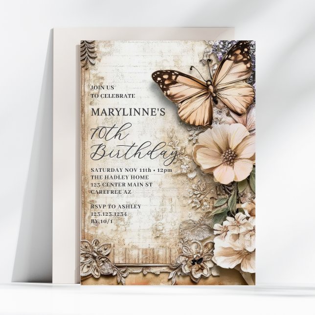 Vintage Floral Butterfly 70th Birthday Invitation (Creator Uploaded)