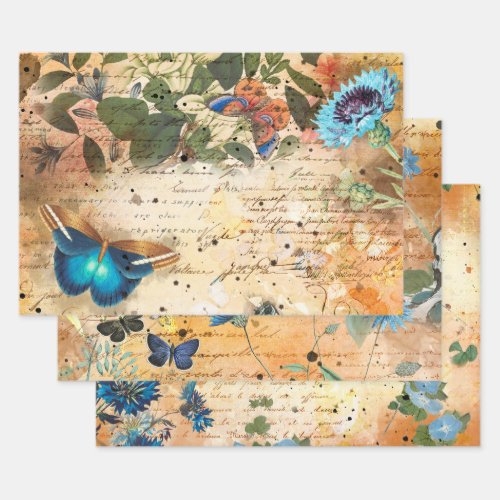 Vintage Floral Butterfly Decoupage Wrapping Paper Sheets