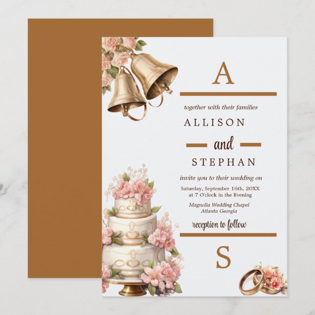Vintage Floral Cake Wedding Bells Invitation (Front/Back)