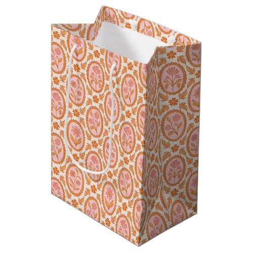 Vintage Floral Cameo Pattern In Pink & Orange Medium Gift Bag