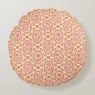 Vintage Floral Cameo Pattern In Pink & Orange Round Pillow