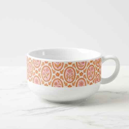 Vintage Floral Cameo Pattern In Pink & Orange Soup Mug