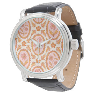Vintage Floral Cameo Pattern In Pink & Orange Watch