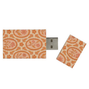 Vintage Floral Cameo Pattern In Pink & Orange Wood Flash Drive