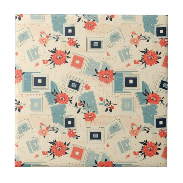 Vintage Floral & Camera Pattern (3) Ceramic Tile (Front)