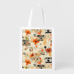 Vintage Floral & Camera Pattern (5) Grocery Bag