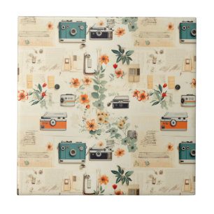 Vintage Floral & Camera Pattern (6) Ceramic Tile