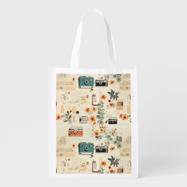 Vintage Floral & Camera Pattern (6) Grocery Bag (Front)