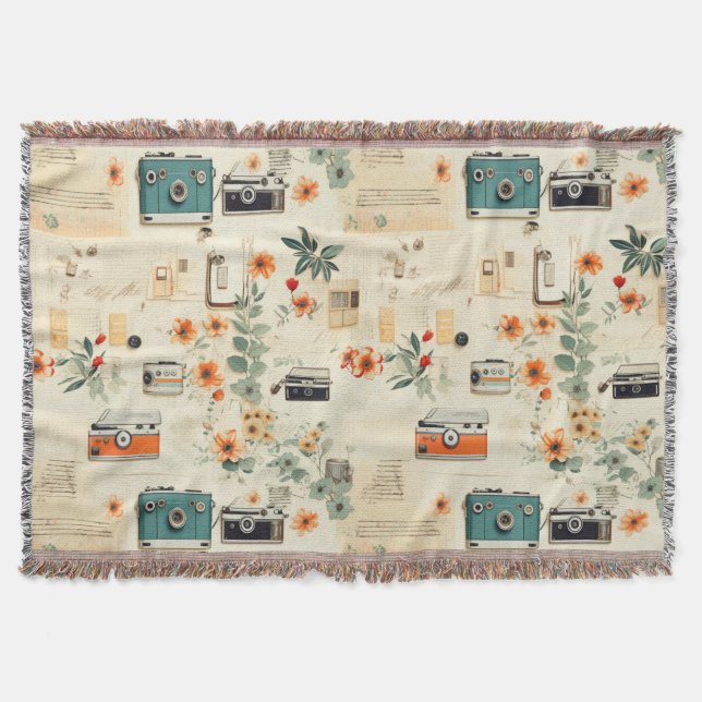 Vintage Floral & Camera Pattern (6) Throw Blanket (Front)