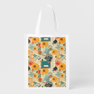 Vintage Floral & Camera Pattern (8) Grocery Bag