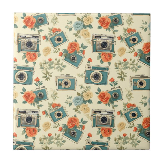 Vintage Floral & Camera Pattern Ceramic Tile (Front)