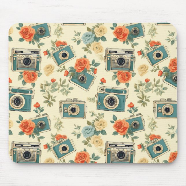 Vintage Floral & Camera Pattern Mouse Pad (Front)