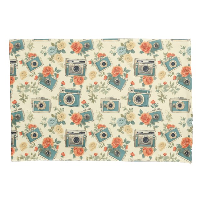 Vintage Floral & Camera Pattern Pillow Case (Front-Left)