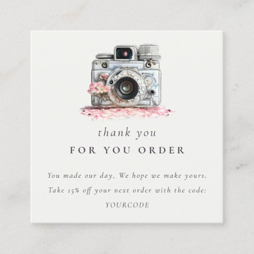 Vintage Floral Camera Photography Thank You Order Square Business Card