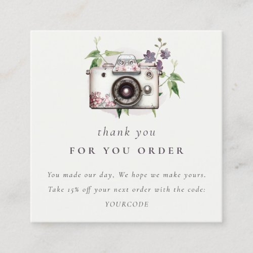 Vintage Floral Camera Photography Thank You Order Square Business Card