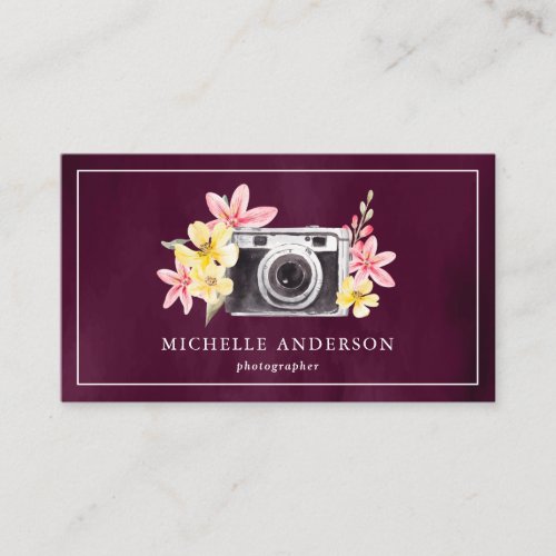 Vintage Floral Camera QR Code Photographer Purple Business Card