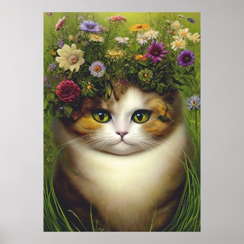 Vintage Floral Cat Poster For Decoupage Or Collage