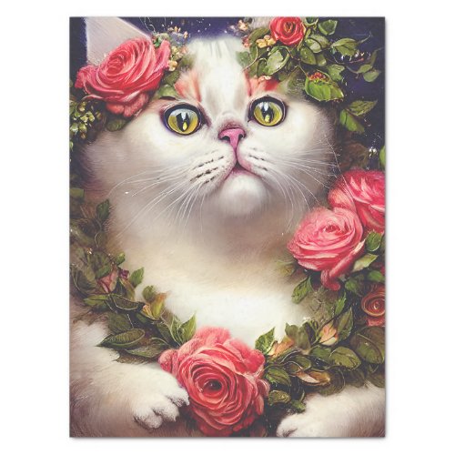 Vintage Floral Cat Tissue Paper For Decoupage