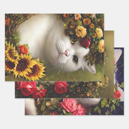 Vintage Floral Cats Paper for Decoupage or Collage