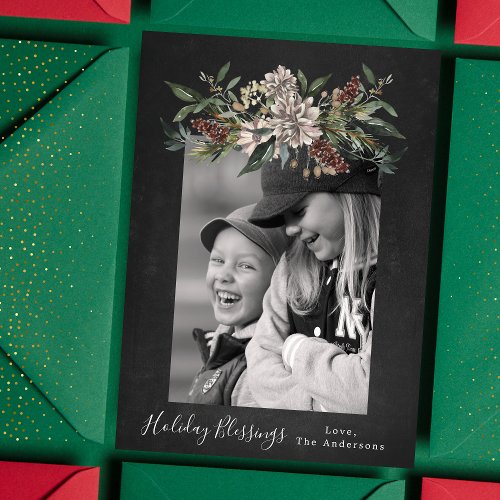 Vintage Floral Chalk Christmas One Photo Holiday Card