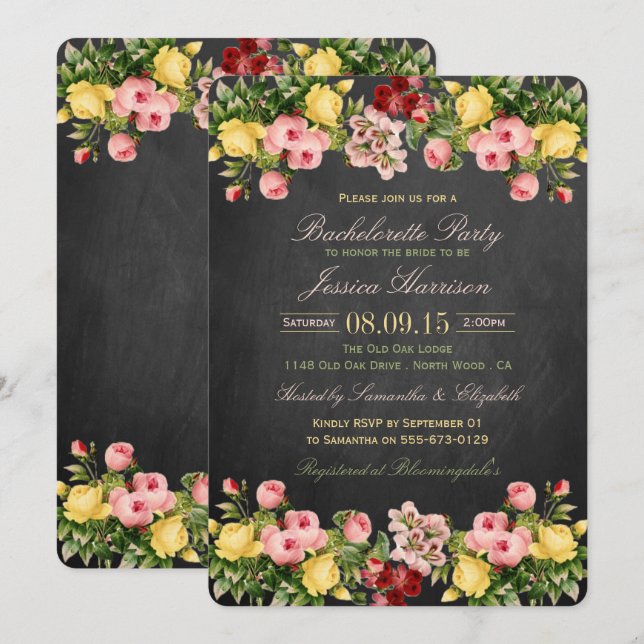 Vintage Floral Chalkboard Bachelorette Party Invitation (Front/Back)