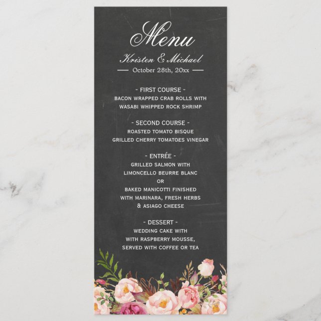 Vintage Floral Chalkboard Easy Edit Wedding Menu (Front)