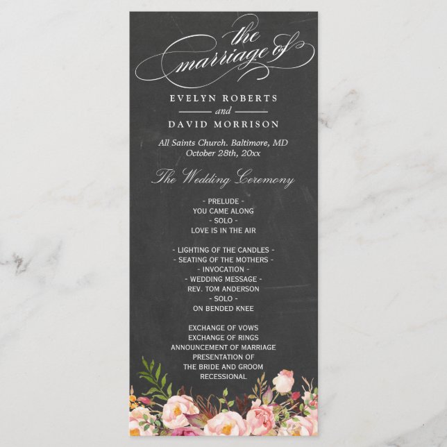 Vintage Floral Chalkboard Script Wedding Program (Front)