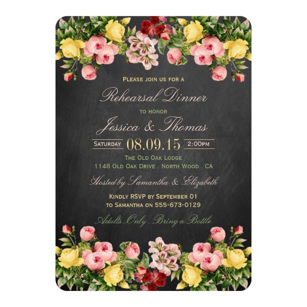 Vintage Floral Chalkboard Wedding Rehearsal Dinner Invitation