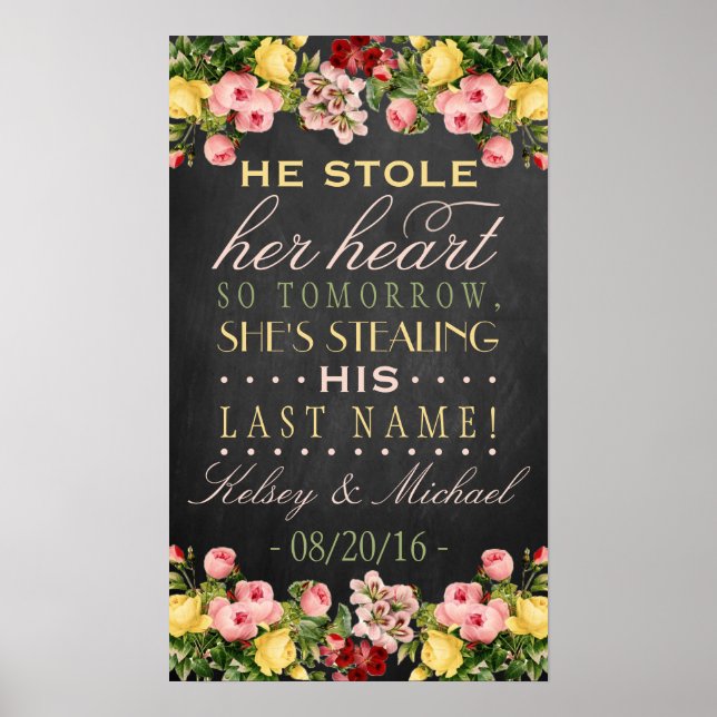 Vintage Floral Chalkboard Wedding Rehearsal Sign (Front)
