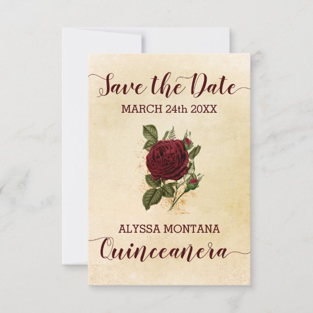 Vintage Floral Champagne Burgundy Rose Quinceanera Save The Date (Front)