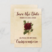 Vintage Floral Champagne Burgundy Rose Quinceanera Save The Date (Front/Back)