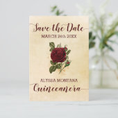 Vintage Floral Champagne Burgundy Rose Quinceanera Save The Date (Standing Front)