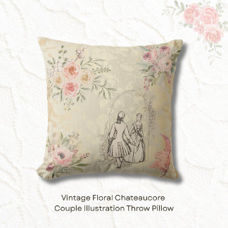 Vintage Floral Chateaucore Couple Illustration Throw Pillow