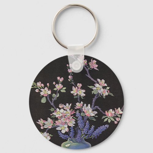 Vintage Floral Cherry Blossoms Flowers in a Vase Keychain