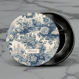 Vintage floral chic Blue toile de jouy monogram Button