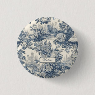 Vintage floral chic Blue toile de jouy monogram Button