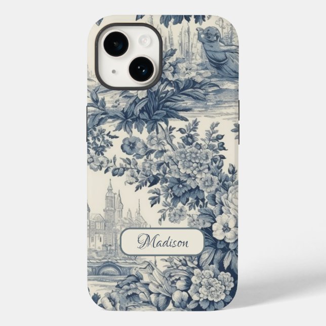 Vintage floral chic Blue toile de jouy monogram Case-Mate iPhone Case (Back)