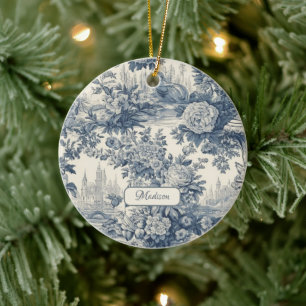 Vintage floral chic Blue toile de jouy monogram Ceramic Ornament