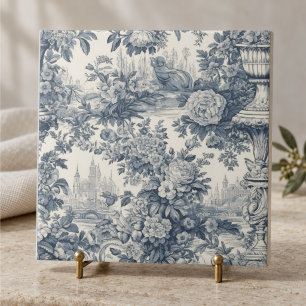 Vintage floral chic Blue toile de jouy monogram Ceramic Tile