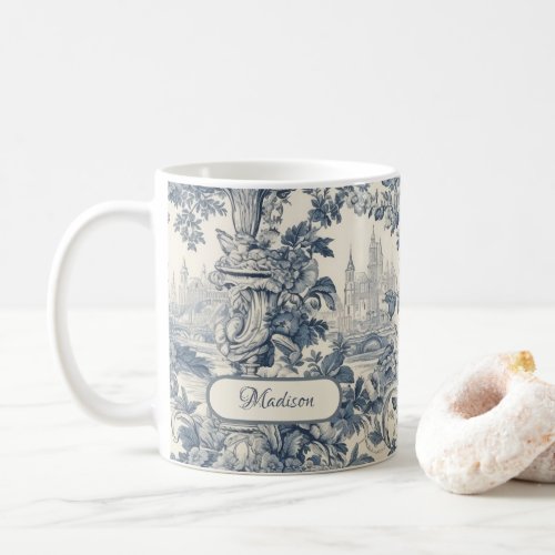 Vintage floral chic Blue toile de jouy monogram Coffee Mug