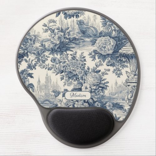 Vintage floral chic Blue toile de jouy monogram Gel Mouse Pad