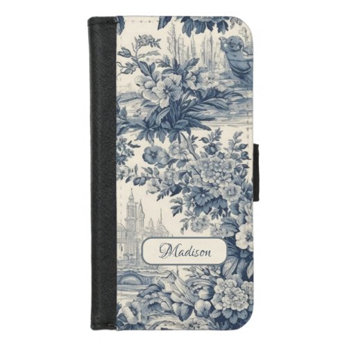 Vintage floral chic Blue toile de jouy monogram iPhone 87 Wallet Case