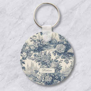 Vintage floral chic Blue toile de jouy monogram Keychain