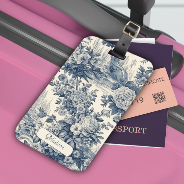 Vintage floral chic Blue toile de jouy monogram Luggage Tag (Creator Uploaded)