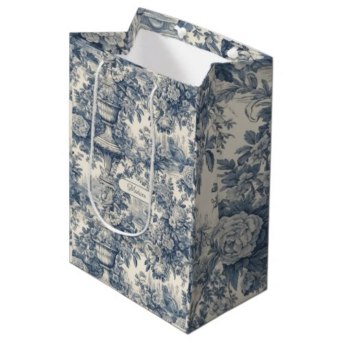 Vintage floral chic Blue toile de jouy monogram Medium Gift Bag